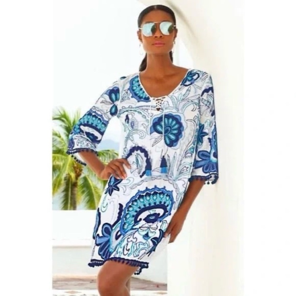 Boston Proper Beaded Dress Swim Cover Fully Embellished Pom Pom Tassels Boho NWT